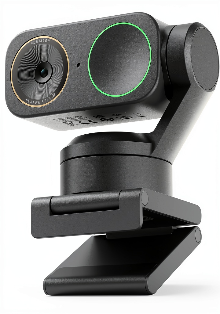 Insta360 Link 2 Pro webcam mounted on a monitor showing clear video in low light