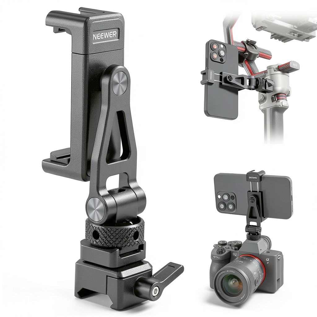 Neewer Phone Mount NATO Clamp installed on DJI RS3 Pro gimbal with smartphone in landscape orientation